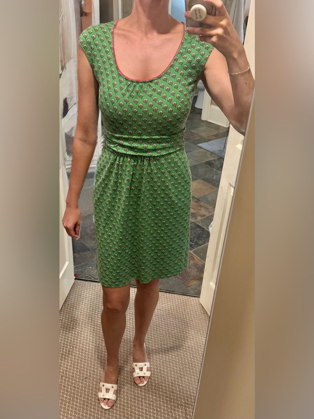 Boden Green Printed Cap Sleeve Midi Dress with Pink Trim